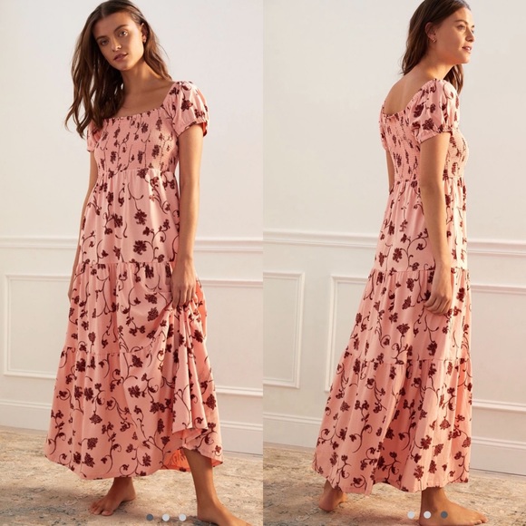 Anthropologie Daily Practice Cotton Smoked Tiered, Puff sleeve Maxi Dress - Picture 3 of 16